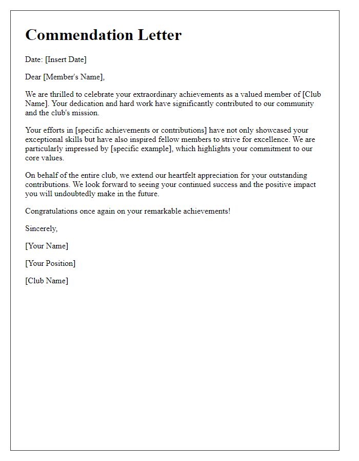 Letter template of commendation for club member achievements