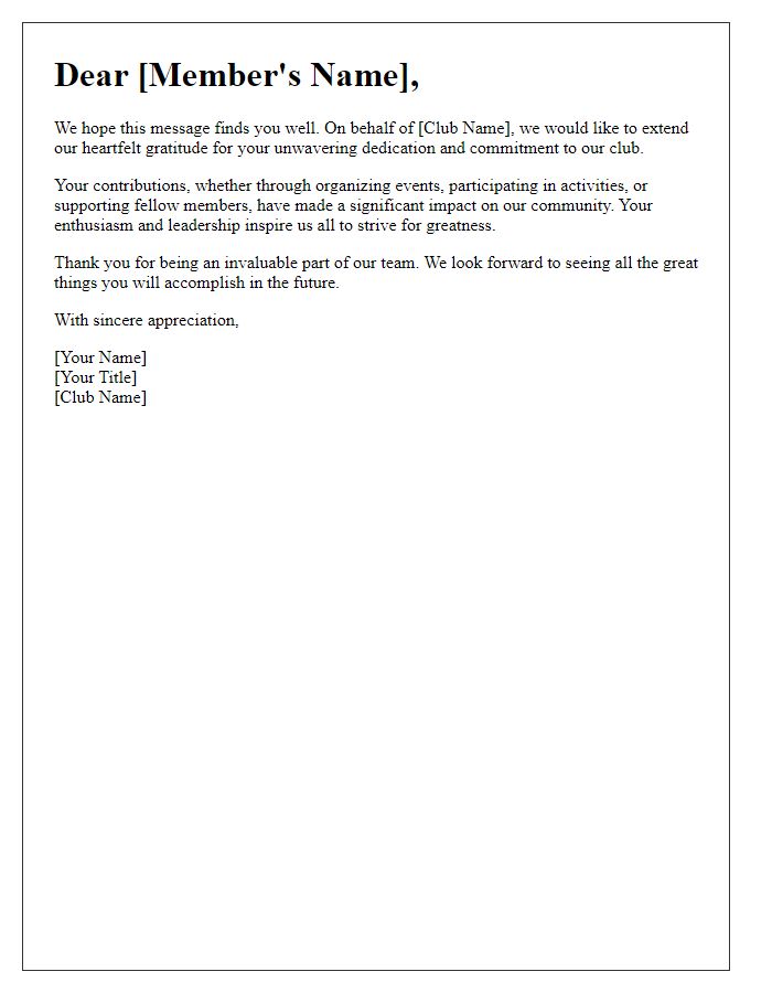 Letter template of gratitude for club member dedication