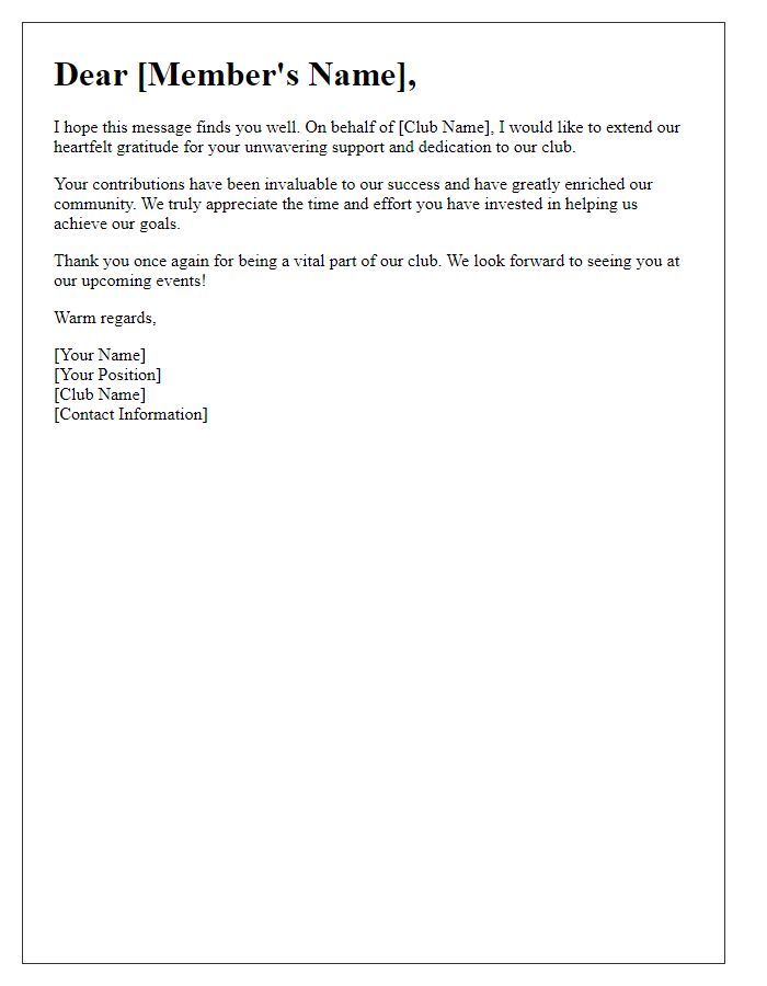 Letter template of thanks for club member support