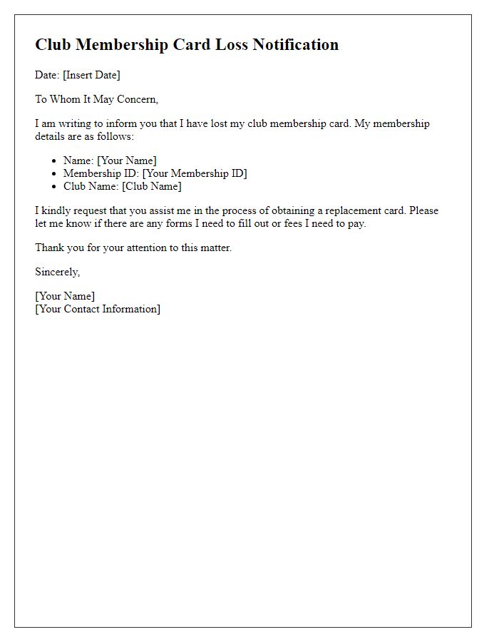 Letter template of club membership card loss notification.