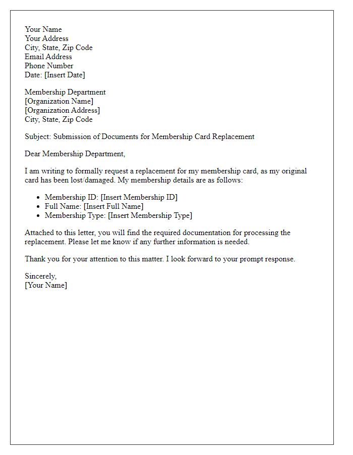 Letter template of documentation submission for membership card replacement.