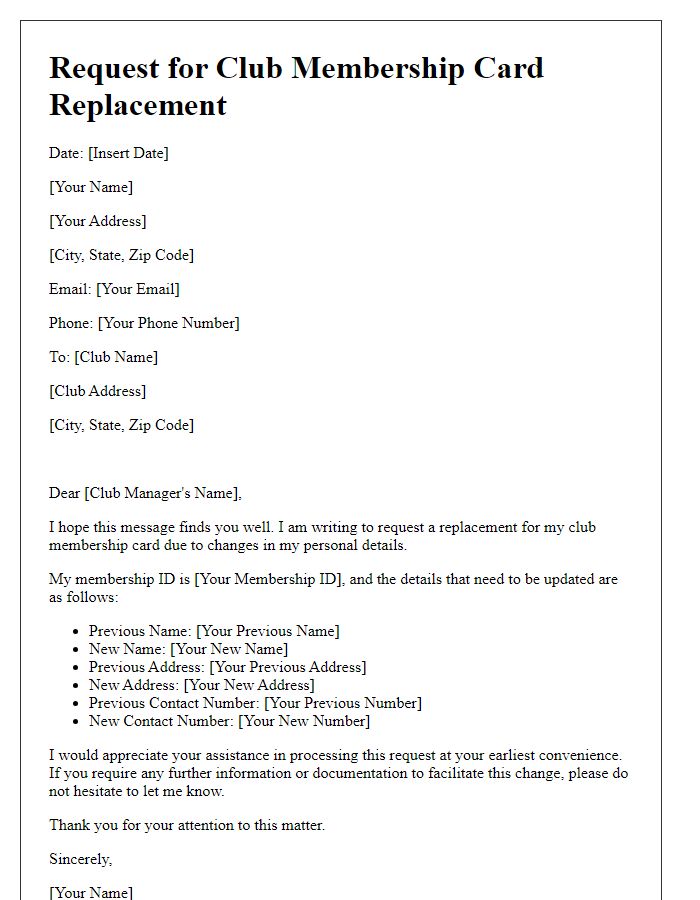 Letter template of request for club membership card replacement for change of details.