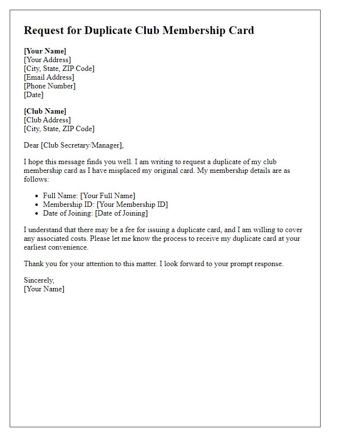 Letter template of request for duplicate club membership card.