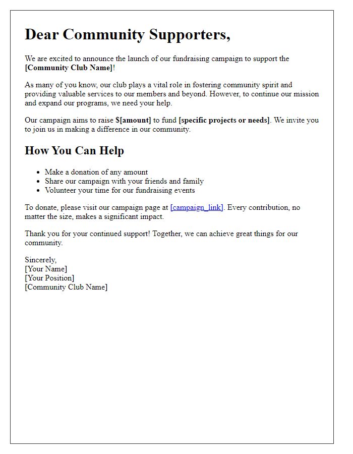 Letter template of fundraising campaign launch for community club.