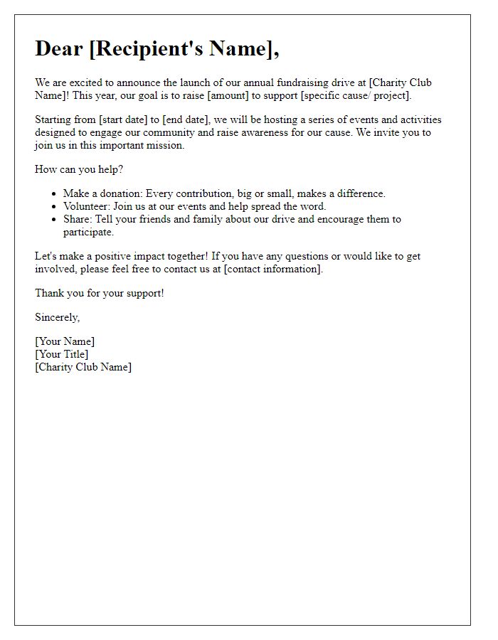 Letter template of fundraising drive launch for charity club.