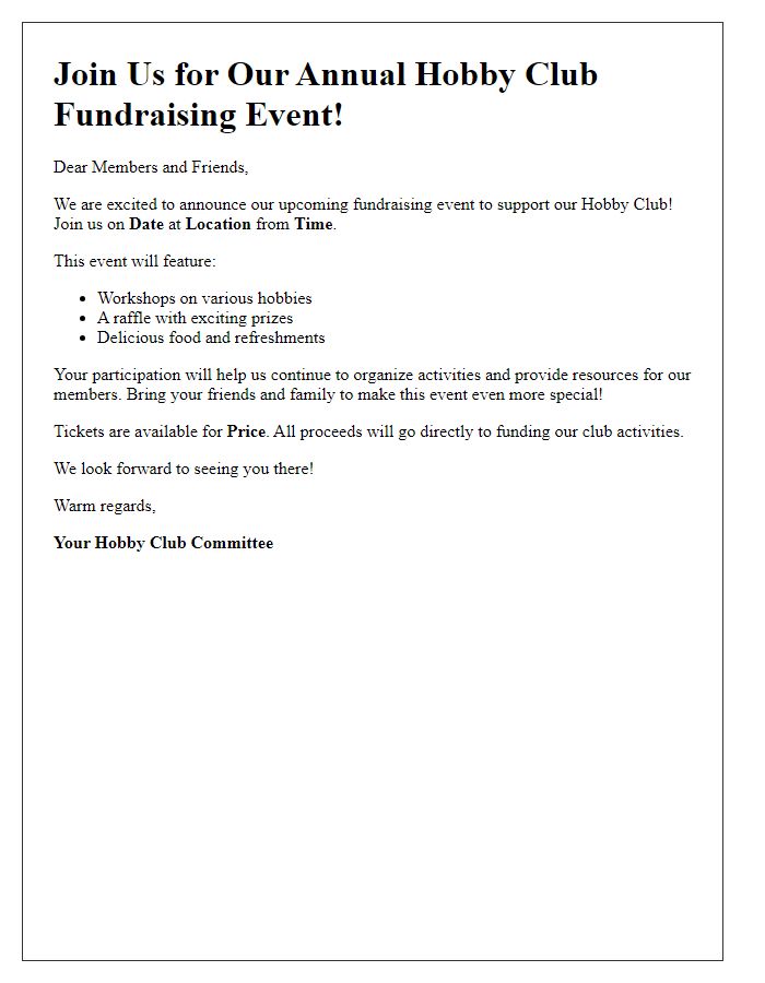 Letter template of fundraising event announcement for hobby club.