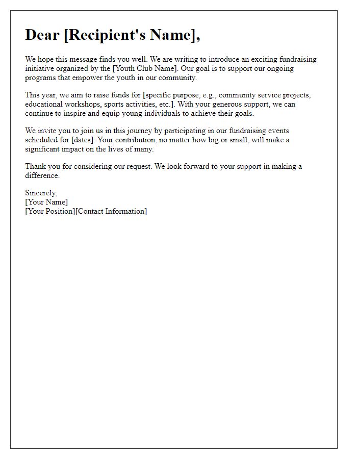 Letter template of fundraising initiative introduction for youth club.