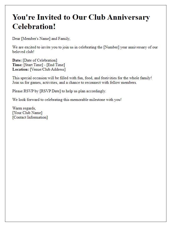 Letter template of club anniversary celebration invitation for families of members.