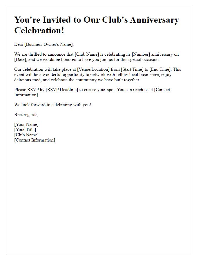 Letter template of club anniversary celebration invitation for local businesses.