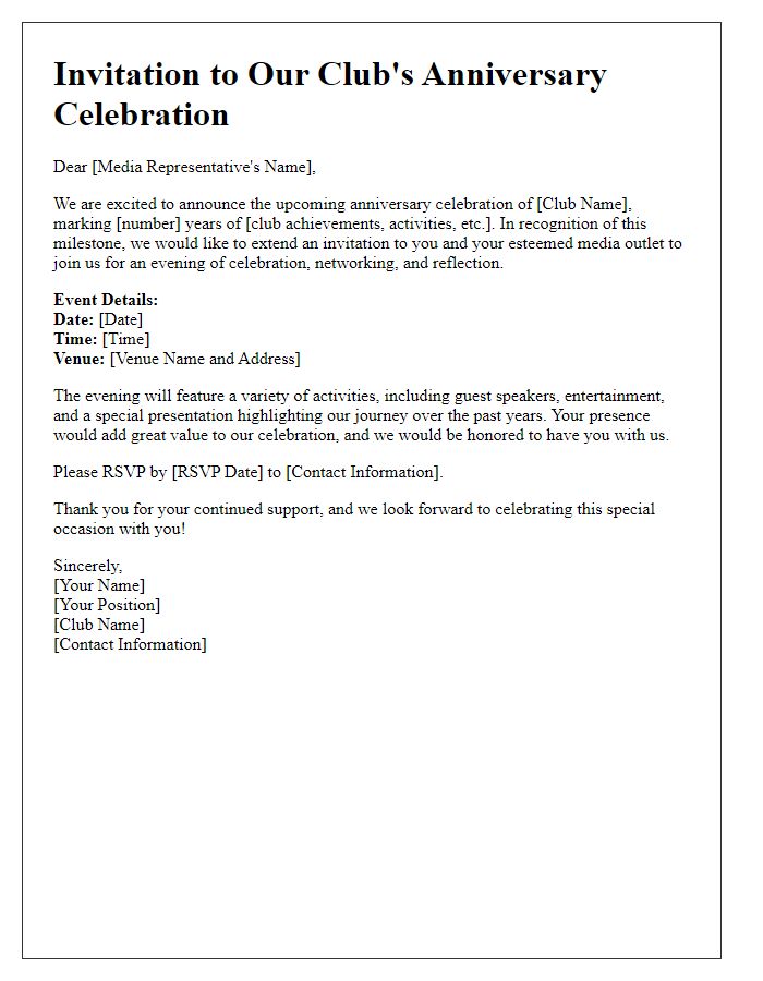 Letter template of club anniversary celebration invitation for media representatives.