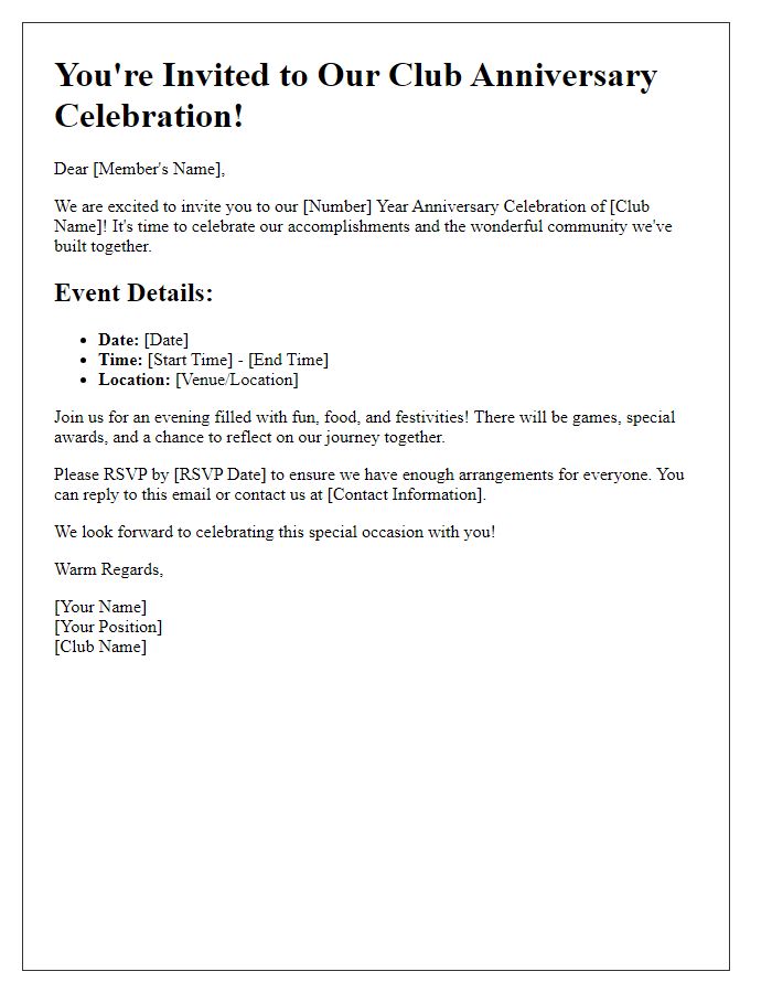 Letter template of club anniversary celebration invitation for members.