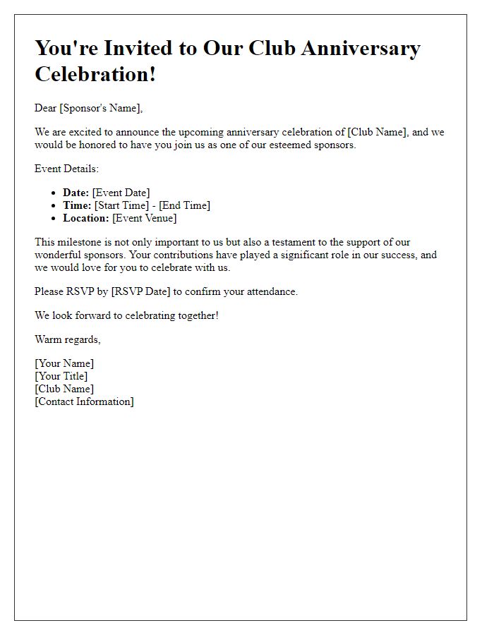 Letter template of club anniversary celebration invitation for sponsors.