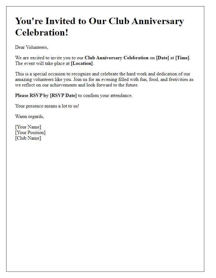 Letter template of club anniversary celebration invitation for volunteers.