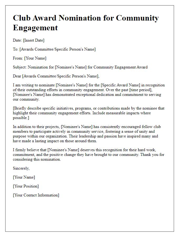 Letter template of club award nomination for community engagement efforts.