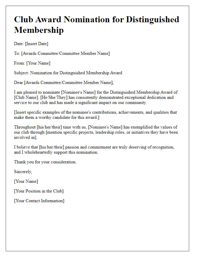 Letter template of club award nomination for distinguished membership.