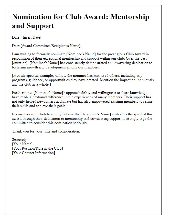 Letter template of club award nomination for mentorship and support.