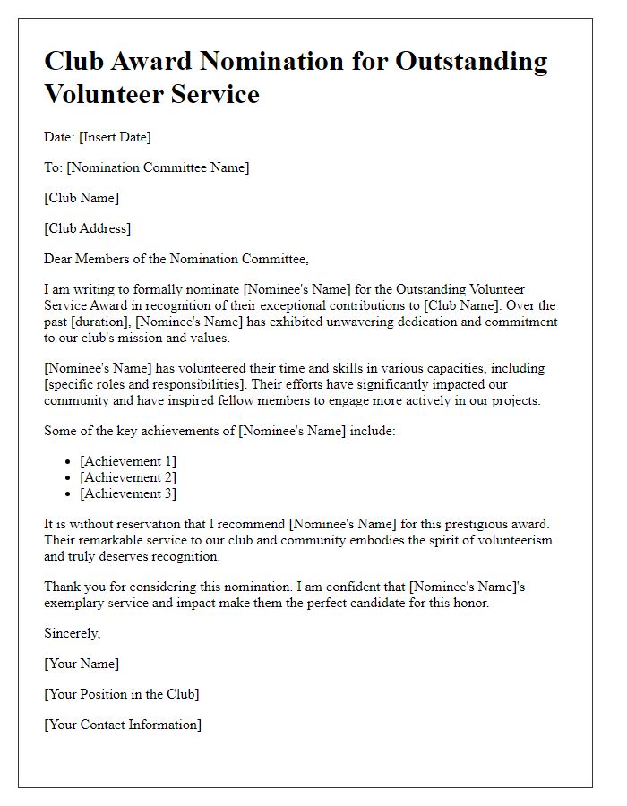 Letter template of club award nomination for outstanding volunteer service.