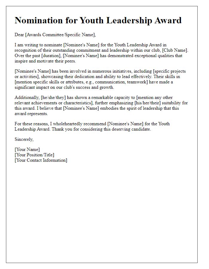 Letter template of club award nomination for youth leadership involvement.