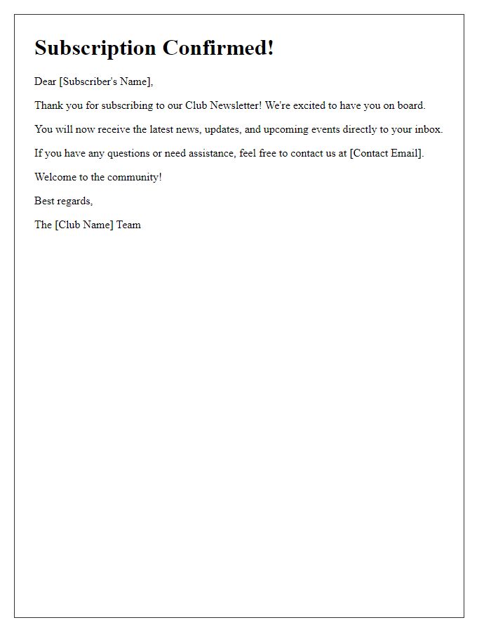 Letter template of Club Email Newsletter Subscription Confirmed