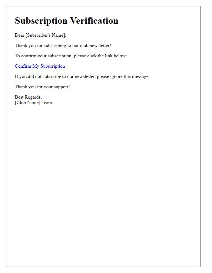 Letter template of Club Newsletter Subscription Verification