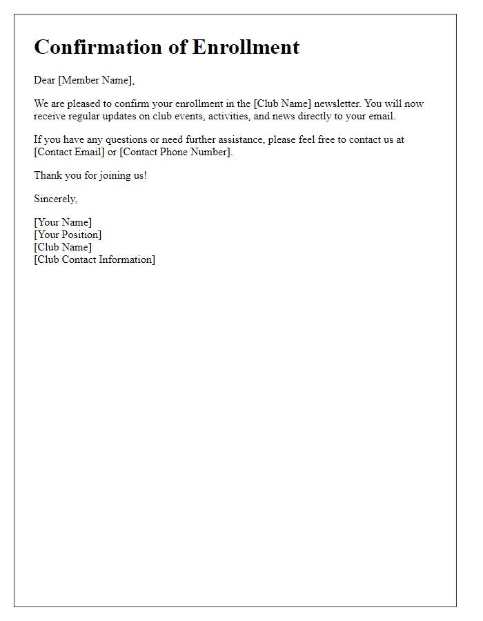 Letter template of Confirmation for Club Newsletter Enrollment