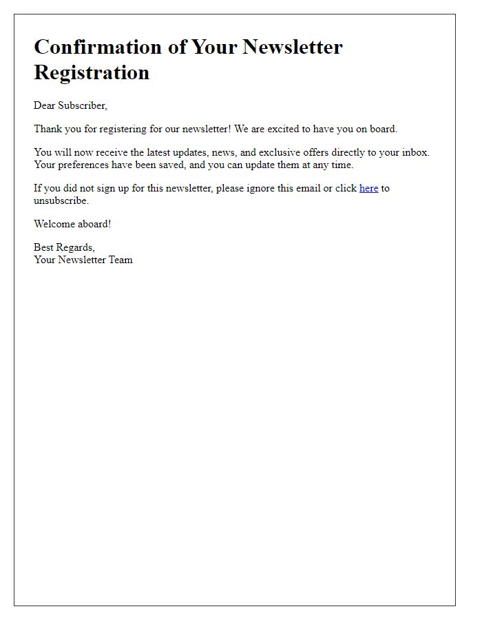 Letter template of Confirmation of Your Newsletter Registration