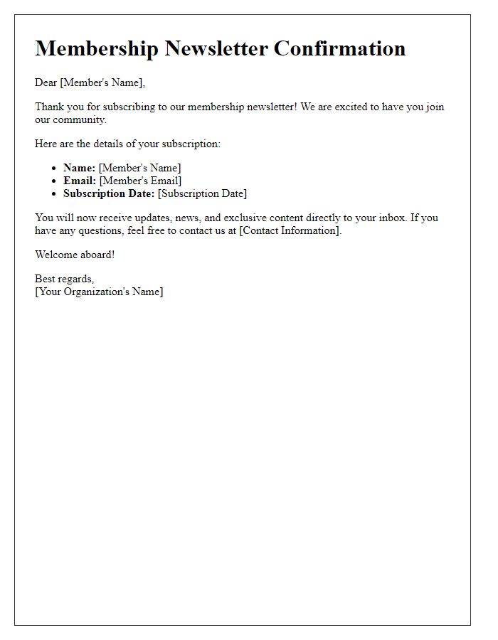 Letter template of Membership Newsletter Confirmation