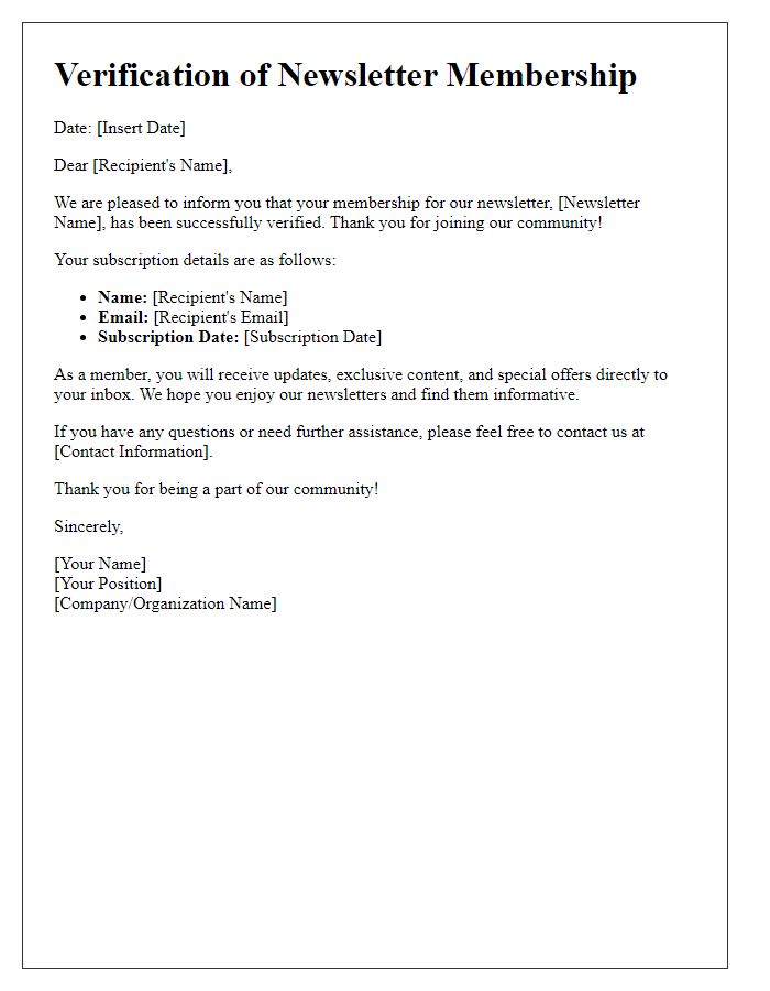 Letter template of Verification of Newsletter Membership