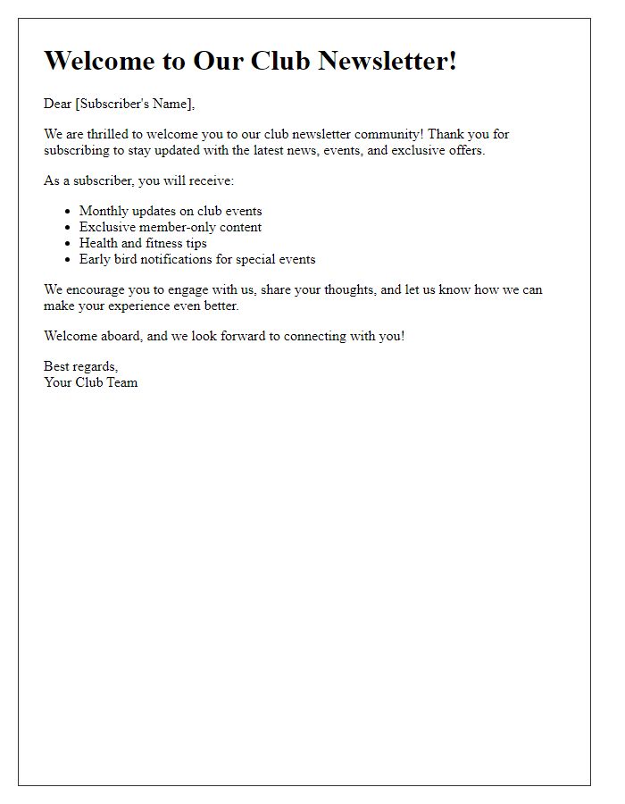 Letter template of Welcome to Our Club Newsletter Subscription