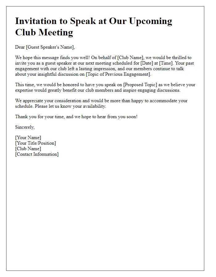 Letter template of club guest speaker invitation highlighting past engagement