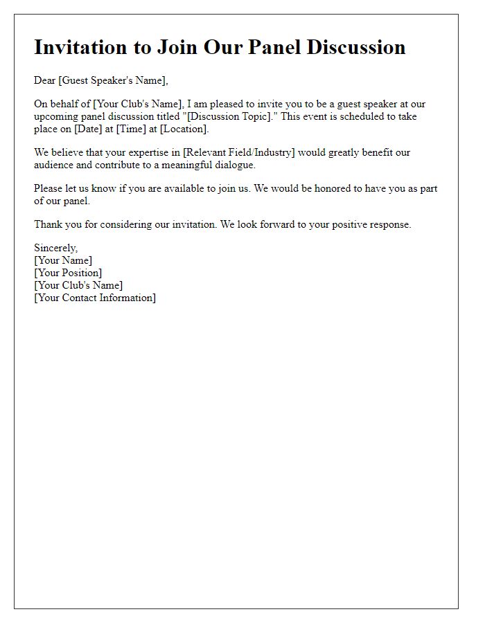 Letter template of club guest speaker invitation for a panel discussion