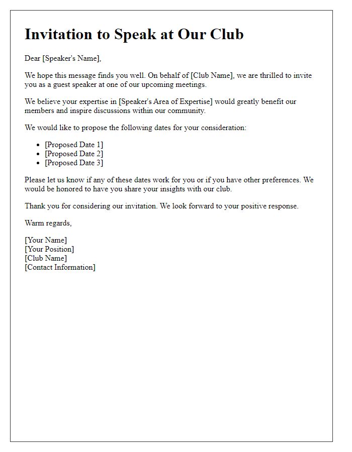 Letter template of club guest speaker invitation with proposed dates