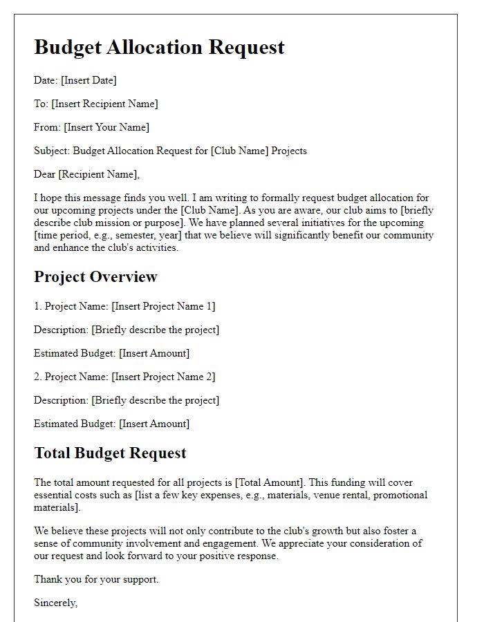 Letter template of budget allocation request for club projects