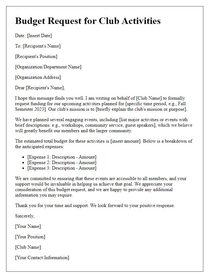 Letter template of budget request for club activities