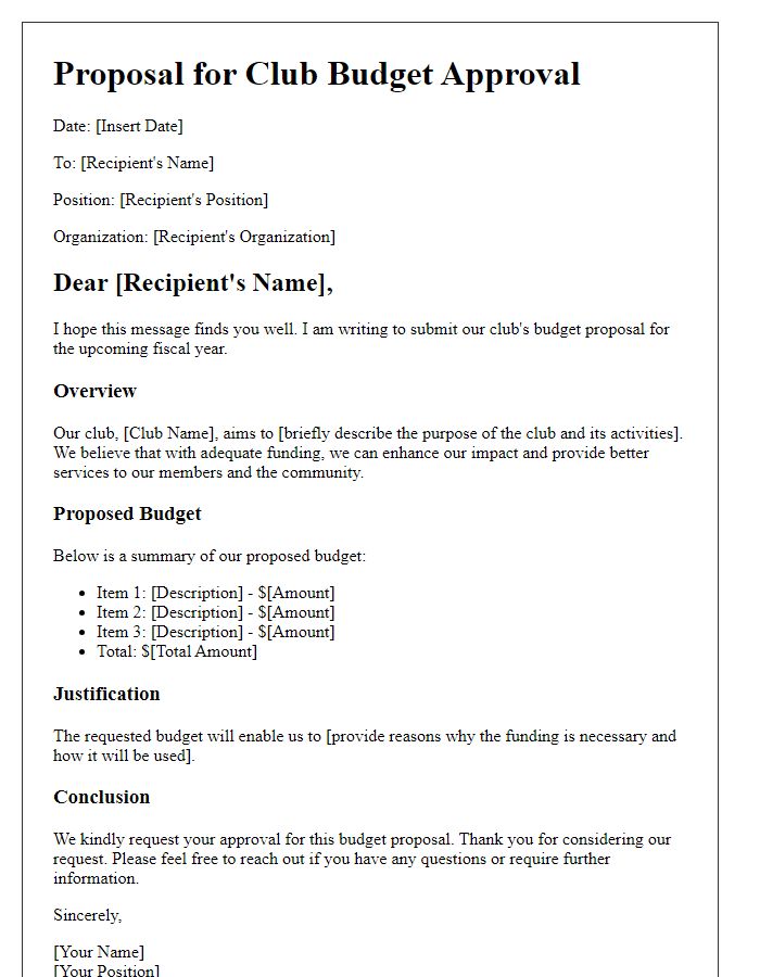 Letter template of club budget proposal for approval