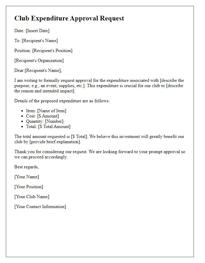 Letter template of club expenditure approval request