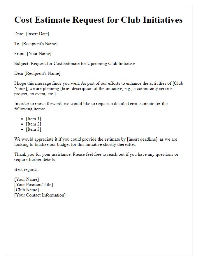 Letter template of cost estimate request for club initiatives