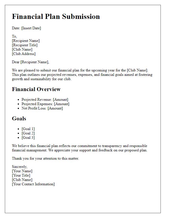 Letter template of financial plan submission for club