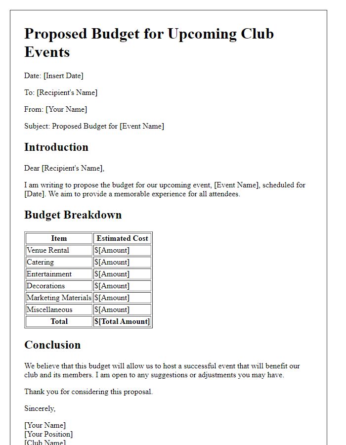 Letter template of proposed budget for club events