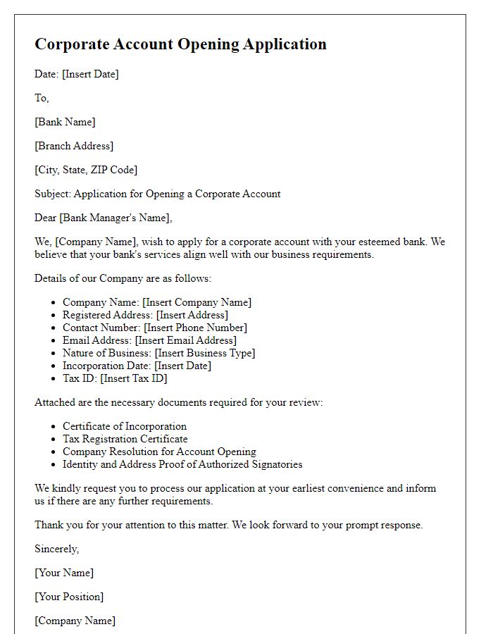 Letter template of corporate account opening application.