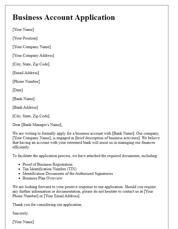 Letter template of formal business account application.