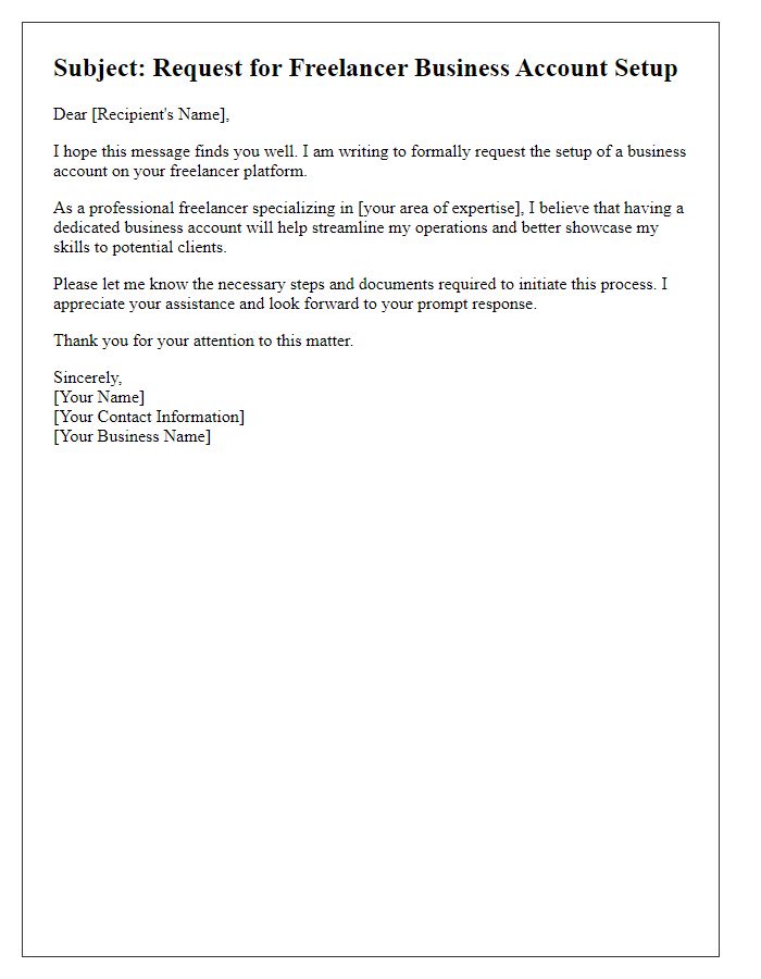 Letter template of freelancer business account setup request.