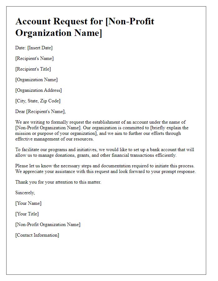 Letter template of non-profit organization account request.