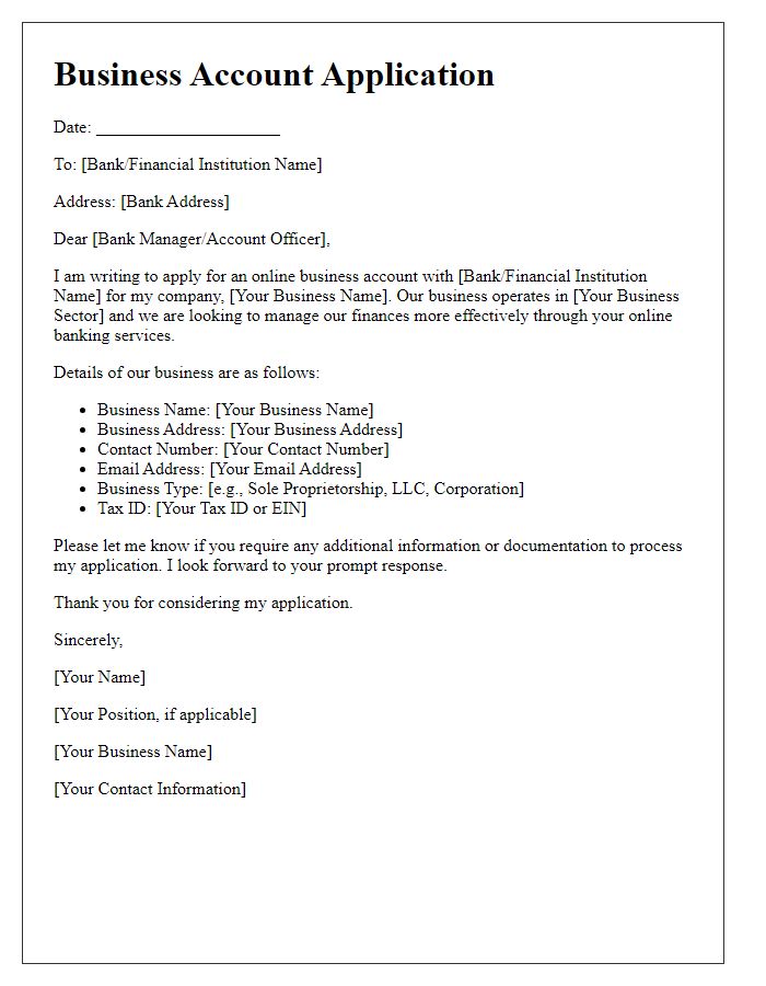 Letter template of online business account application.