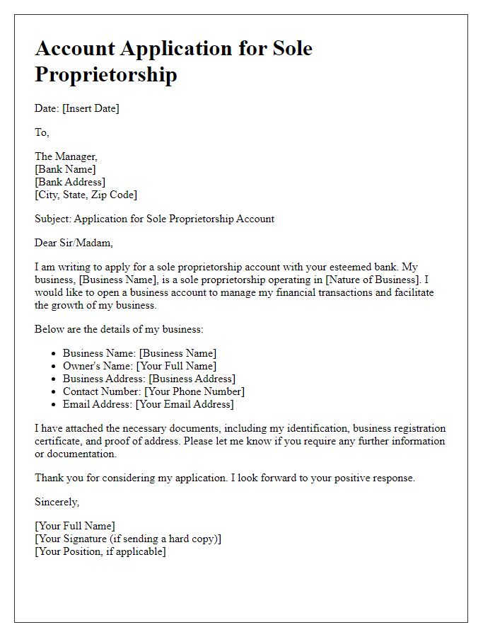 Letter template of sole proprietorship account application.