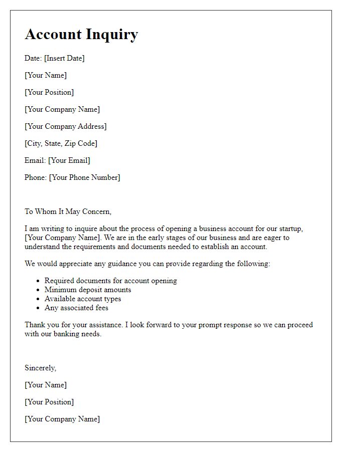 Letter template of startup business account inquiry.