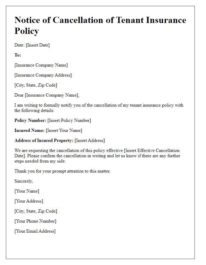 Letter template of tenant insurance policy cancellation notice