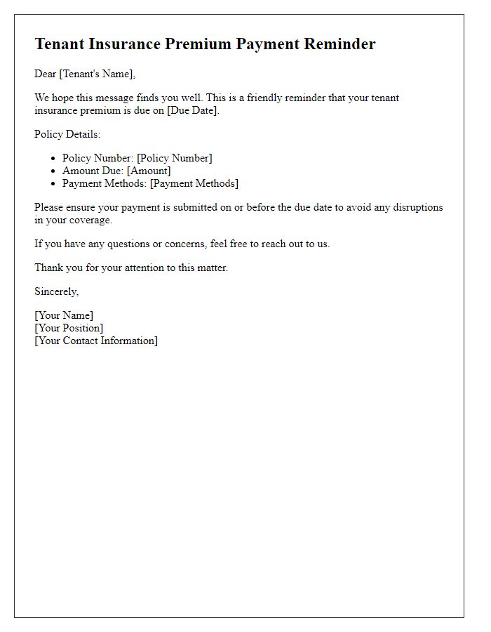 Letter template of tenant insurance premium payment reminder