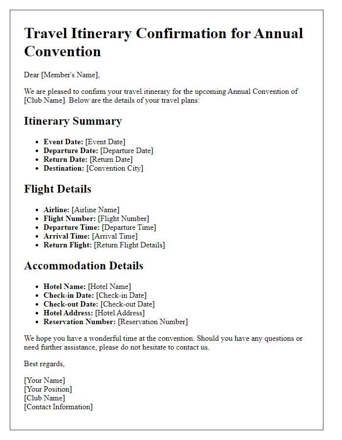 Letter template of club travel itinerary confirmation for annual conventions