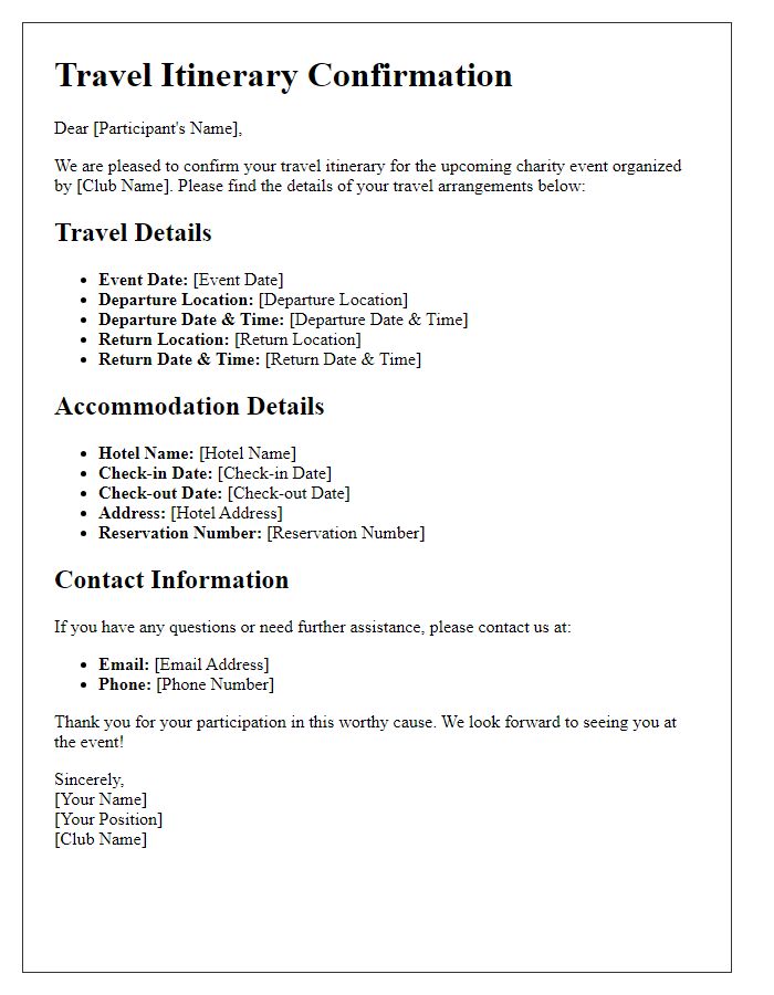 Letter template of club travel itinerary confirmation for charity events